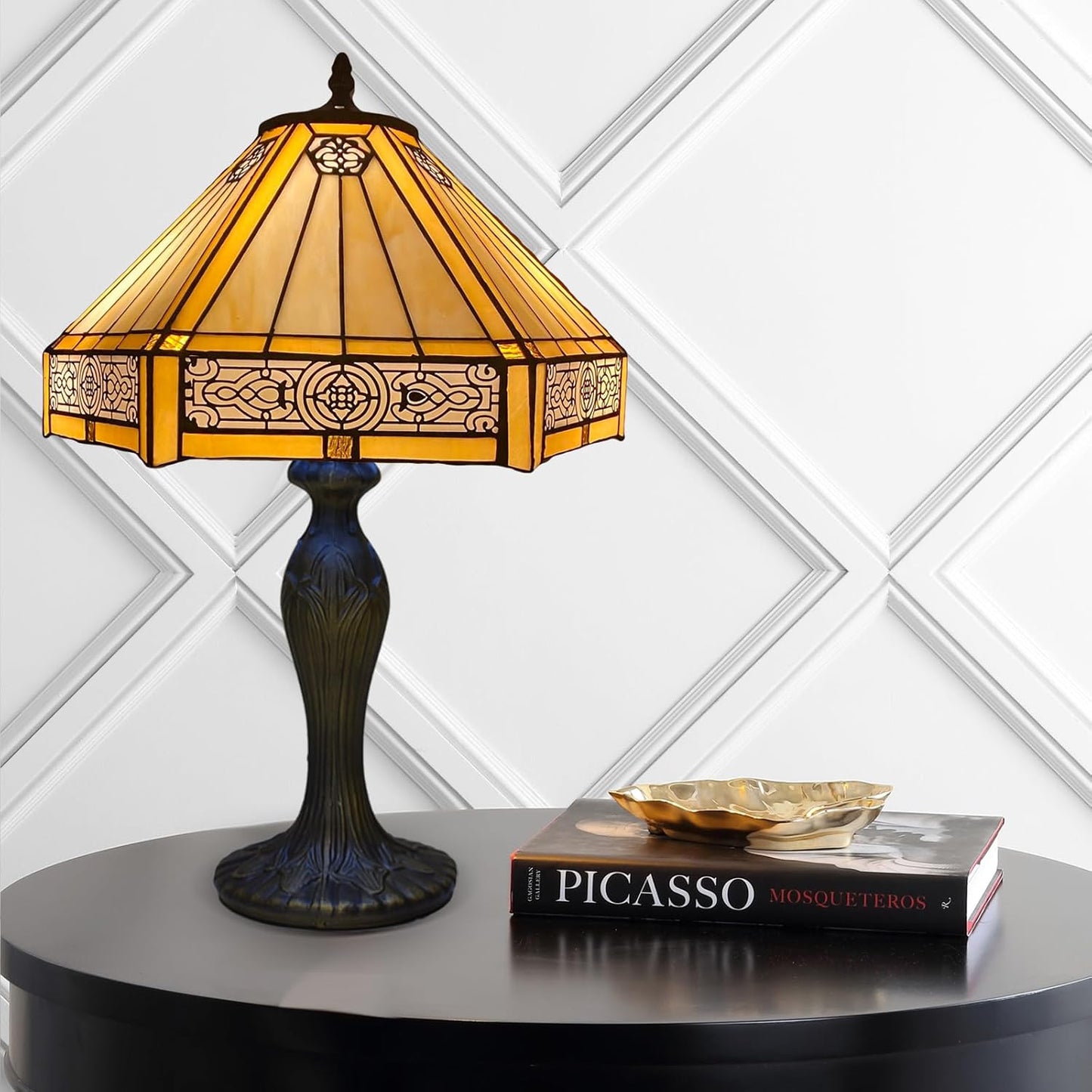 Tiffany Table Lamp Handcrafted 16 inch Stained Glass Lamp Shades Antique Design Stunning Quality Desk Lamp for Living Room Bedroom Bedside Lamps Coffee Table Yellow (TFTL-1605)