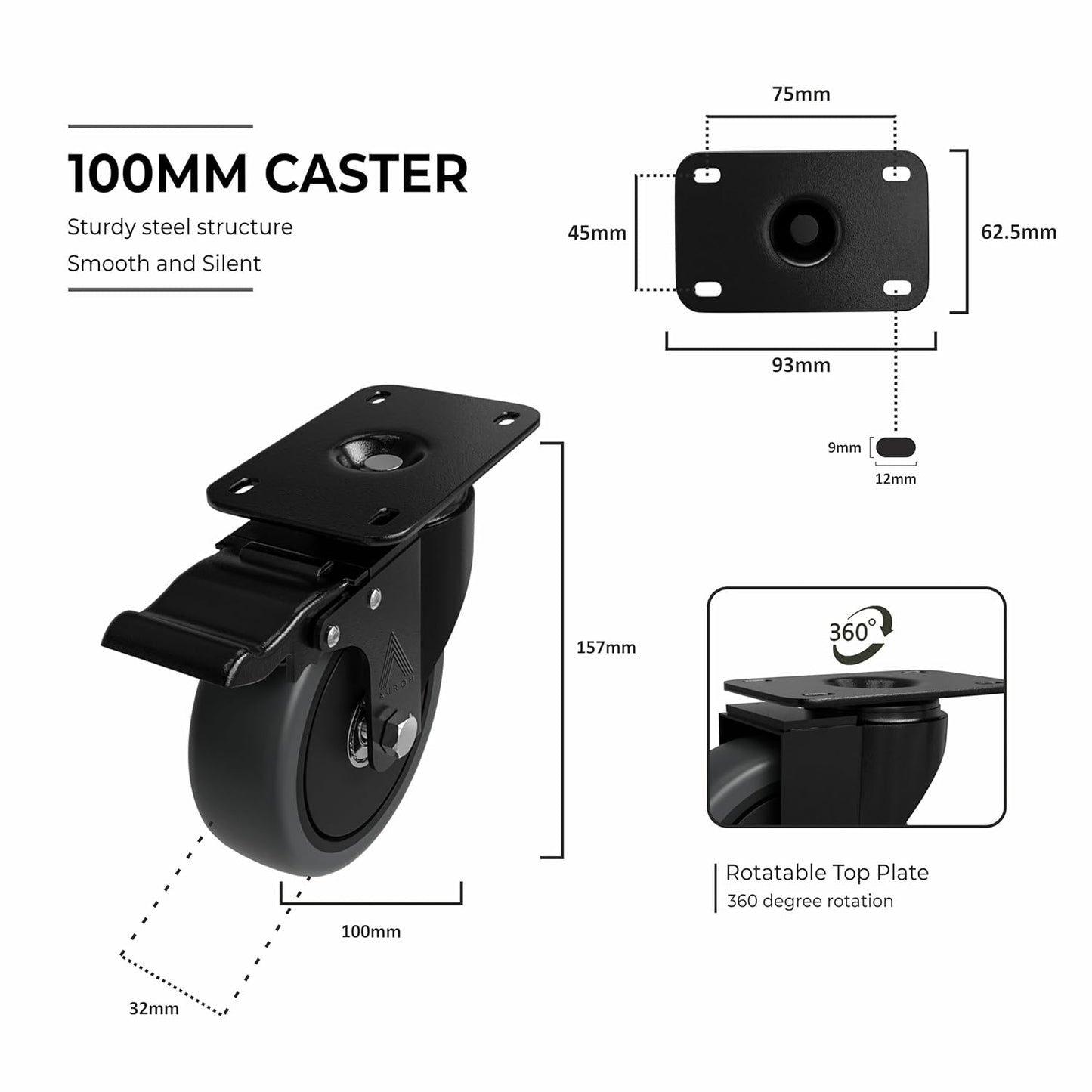 4x Heavy Duty Castor Wheels, Swivel Furniture Caster - 100mm up to 600KG - Pack of 4 (2 with Brakes) No Floor Marks Silent Caster for Furniture - Rubbered Trolley Wheels - Grey Castors