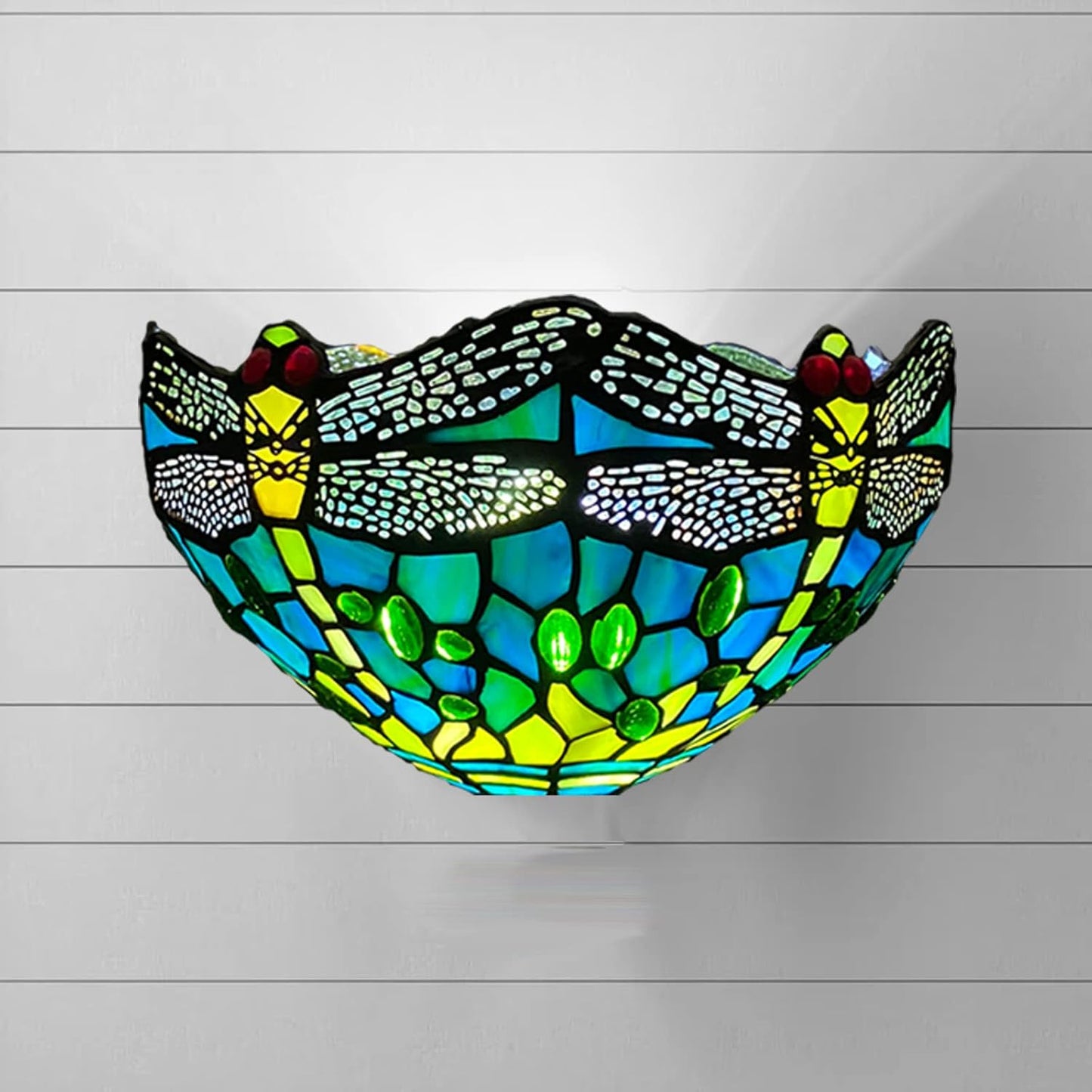 12 Inch Tiffany Style Wall Sconce Light, Green Dragonfly Design Stained Glass Wall Lamp Sconce for Room, Lounge, Corridor, Hallway (TWL-1015)