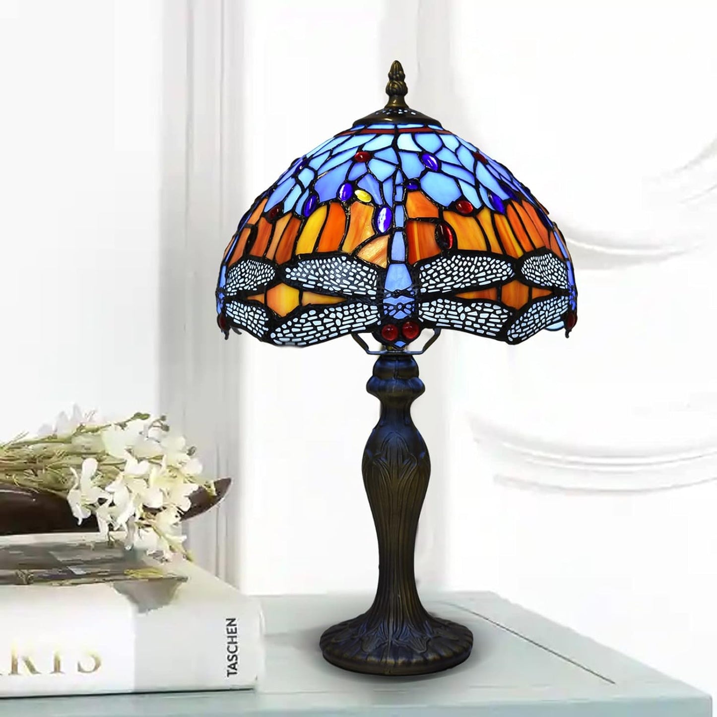 Tiffany Lamps Antique Dragonfly Design Handcrafted Stained Glass Lampshade Stunning Quality Base Table Lamps for Living Room Bedside Desk Bedroom Coffee Table (TFTL-1002)