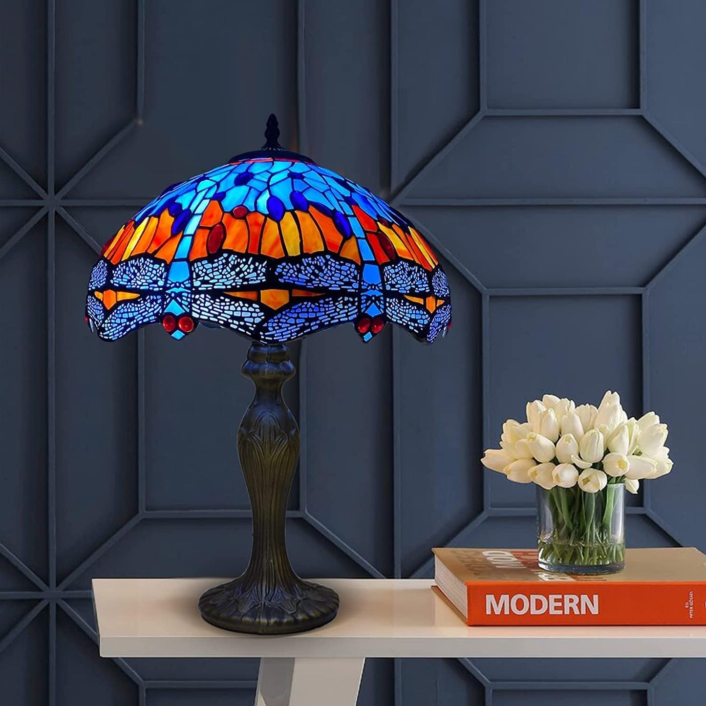 Tiffany Style Table Lamp Handcrafted 16 inch Stained Glass Lamp Shades Antique Design Stunning Quality Desk Lamp for Living Room Bedroom Bedside Lamps Coffee Table (TFTL-1602)