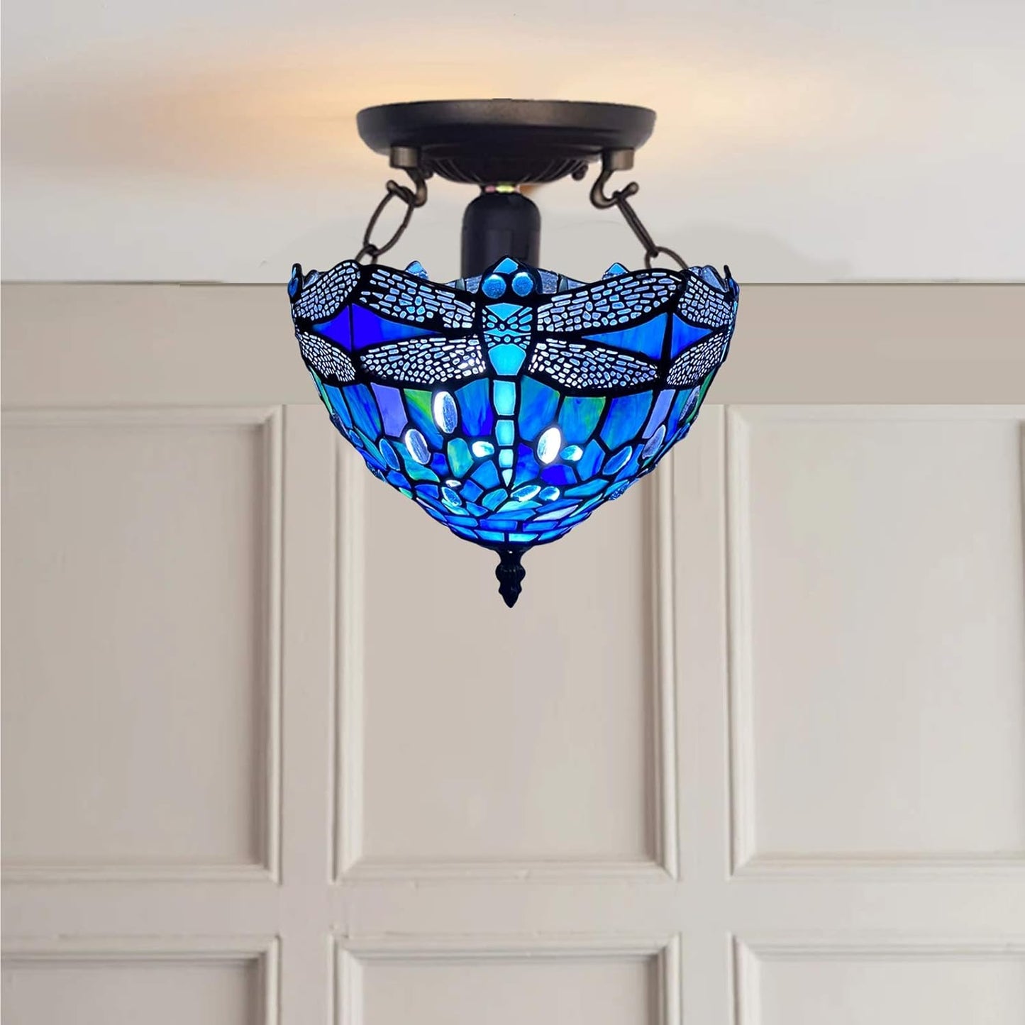 Tiffany Style Ceiling Lamps Stained Glass Handcrafted Lamp Shades Antique Design Ceiling Light for Living Room Bedroom Lounge Hallway (C-1007)