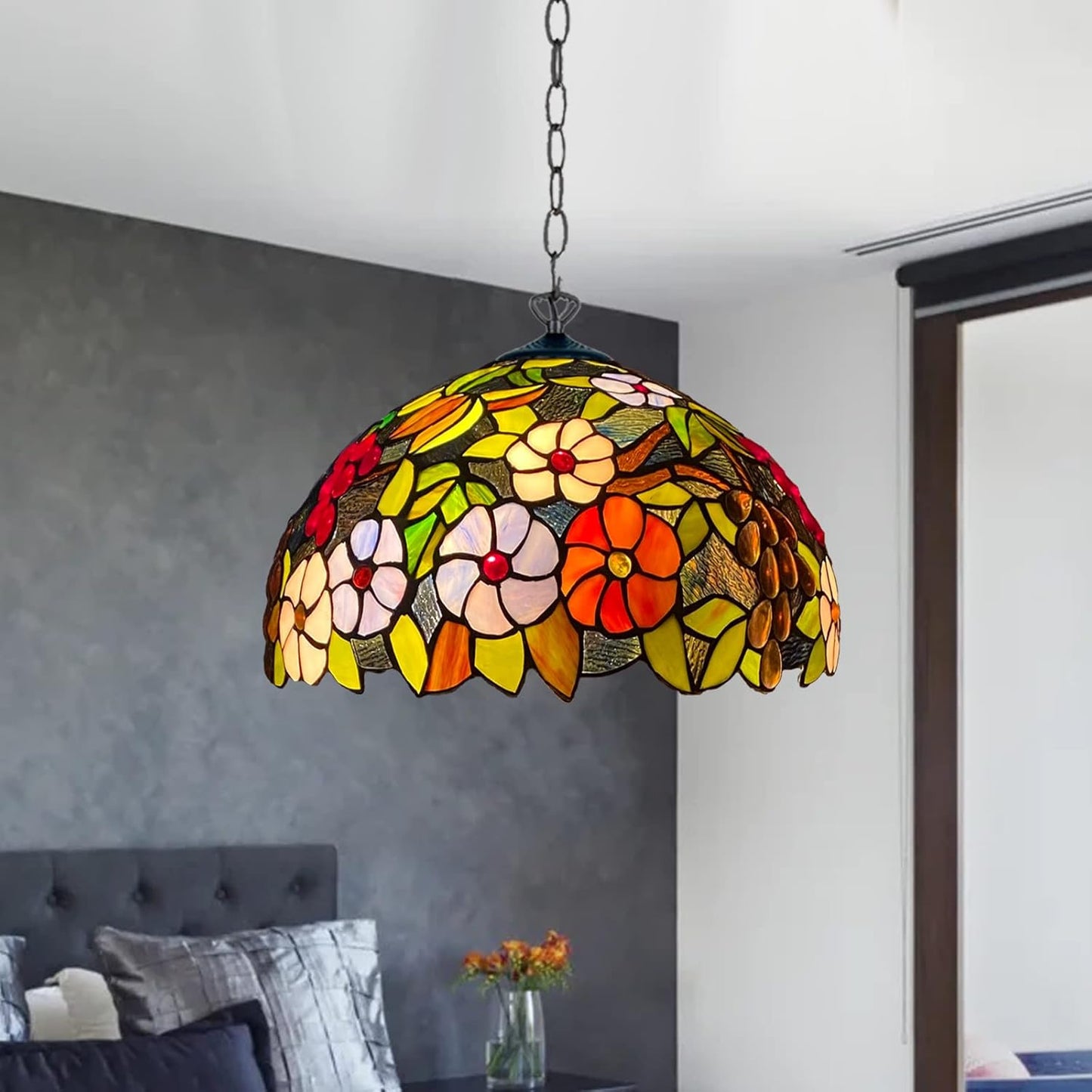 Tiffany Pendant Lamps Handcrafted Stained Glass 16 inch Lamp Shades Stunning Quality Antique Design Pendant Lamps for Living Room Bedroom Lounge Hallway (P-1609)