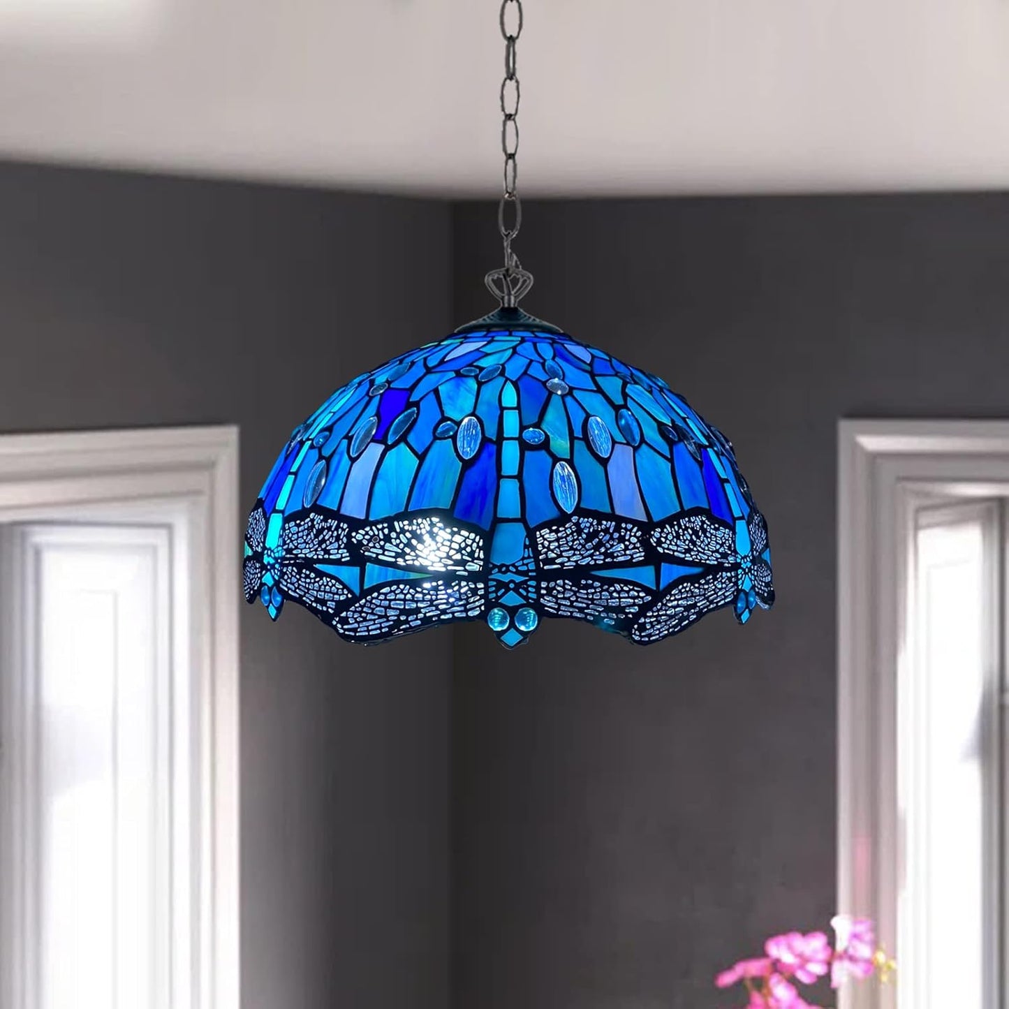Tiffany Pendant Lamps Handcrafted Stained Glass 16 inch Lamp Shades Stunning Quality Antique Design Pendant Lamps for Living Room Bedroom Lounge Hallway (P-1607)