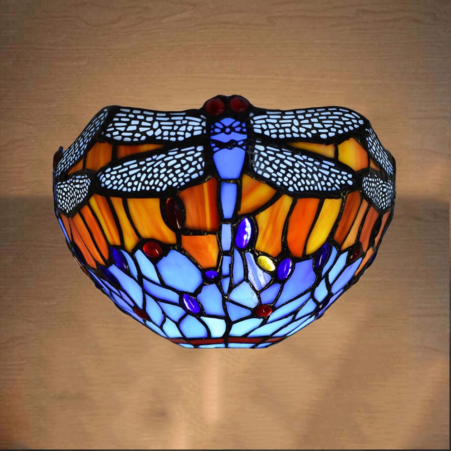 Tiffany Style Wall Lamp, 12 Inch Wall Sconce Light Blue Dragonfly Design Stained Glass Sconce for Room, Lounge, Corridor, Hallway (TWL-1002)