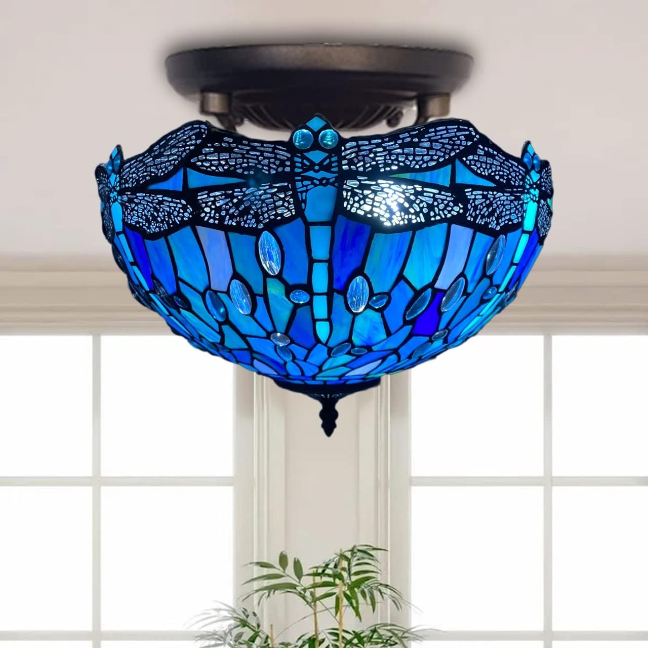 Tiffany Ceiling Lamps 16 inch Stained Glass Handcrafted Lamp Shades Antique Design Stunning Quality Ceiling Lamp for Living Room Bedroom Lounge (C-1607)