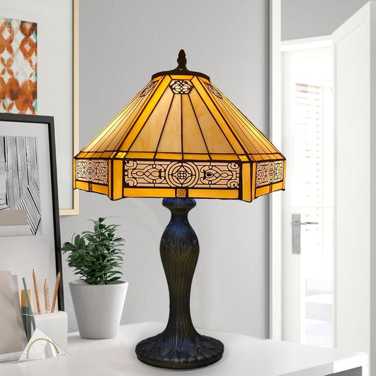 Tiffany Table Lamp Handcrafted 16 inch Stained Glass Lamp Shades Antique Design Stunning Quality Desk Lamp for Living Room Bedroom Bedside Lamps Coffee Table Yellow (TFTL-1605)