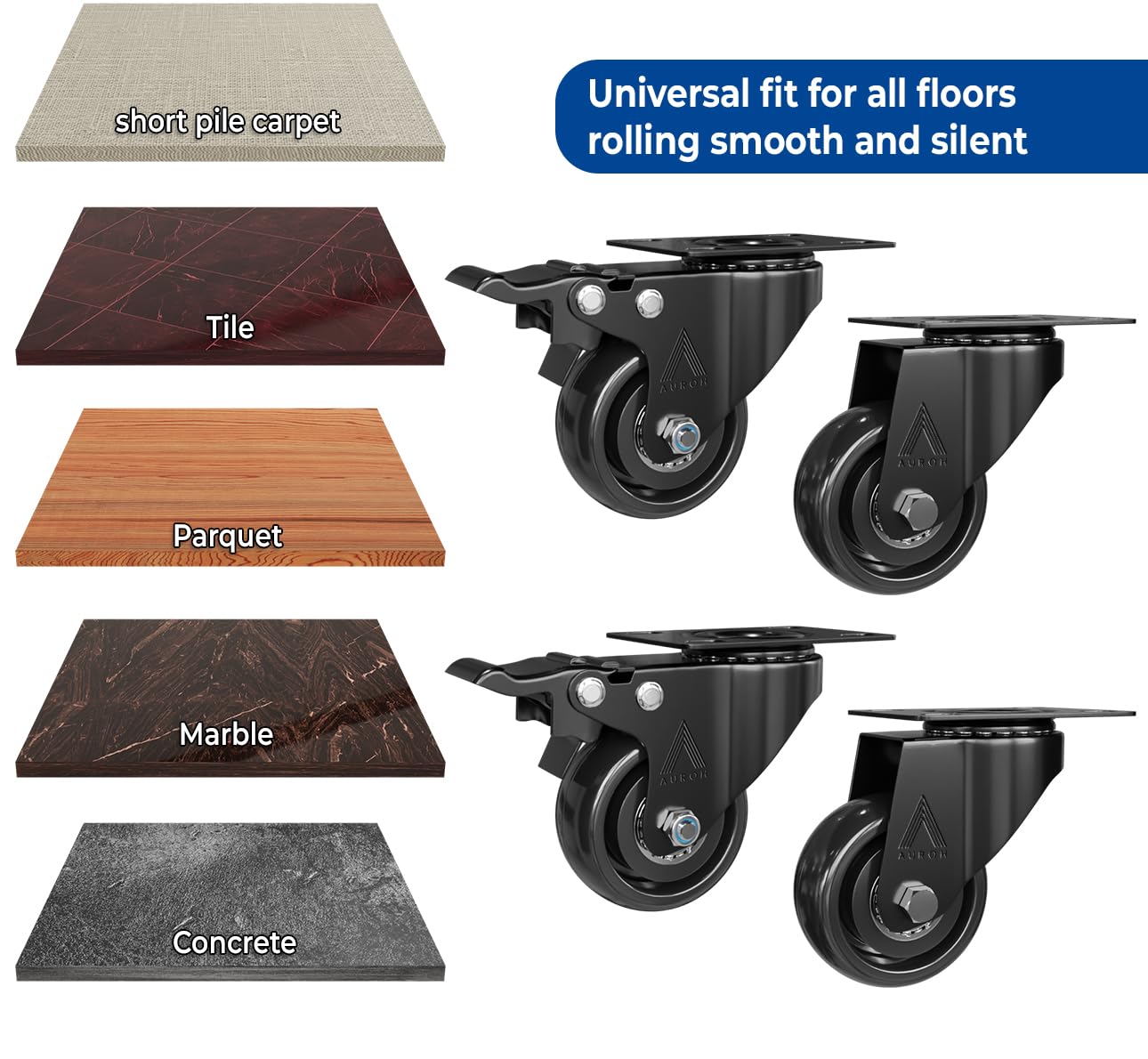 Black Castor Wheels Rubber Swivel Castors 50mm for Furniture (Pack of 4 (2 with Brakes & 2 without Brakes))