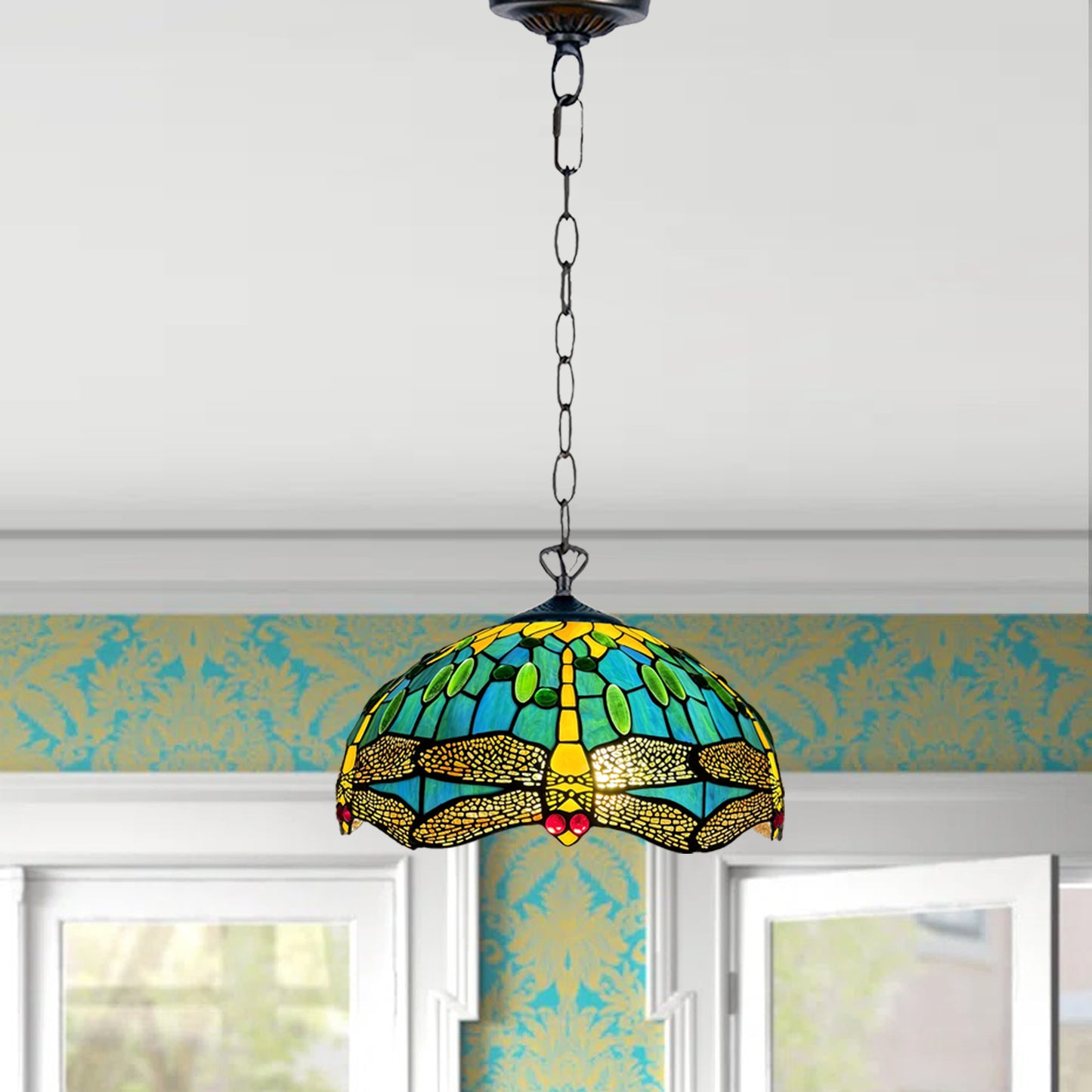 Tiffany Pendant Lamps Handcrafted Stained Glass 16 inch Lamp Shades Stunning Quality Antique Design Pendant Lamps for Living Room Bedroom Lounge Hallway