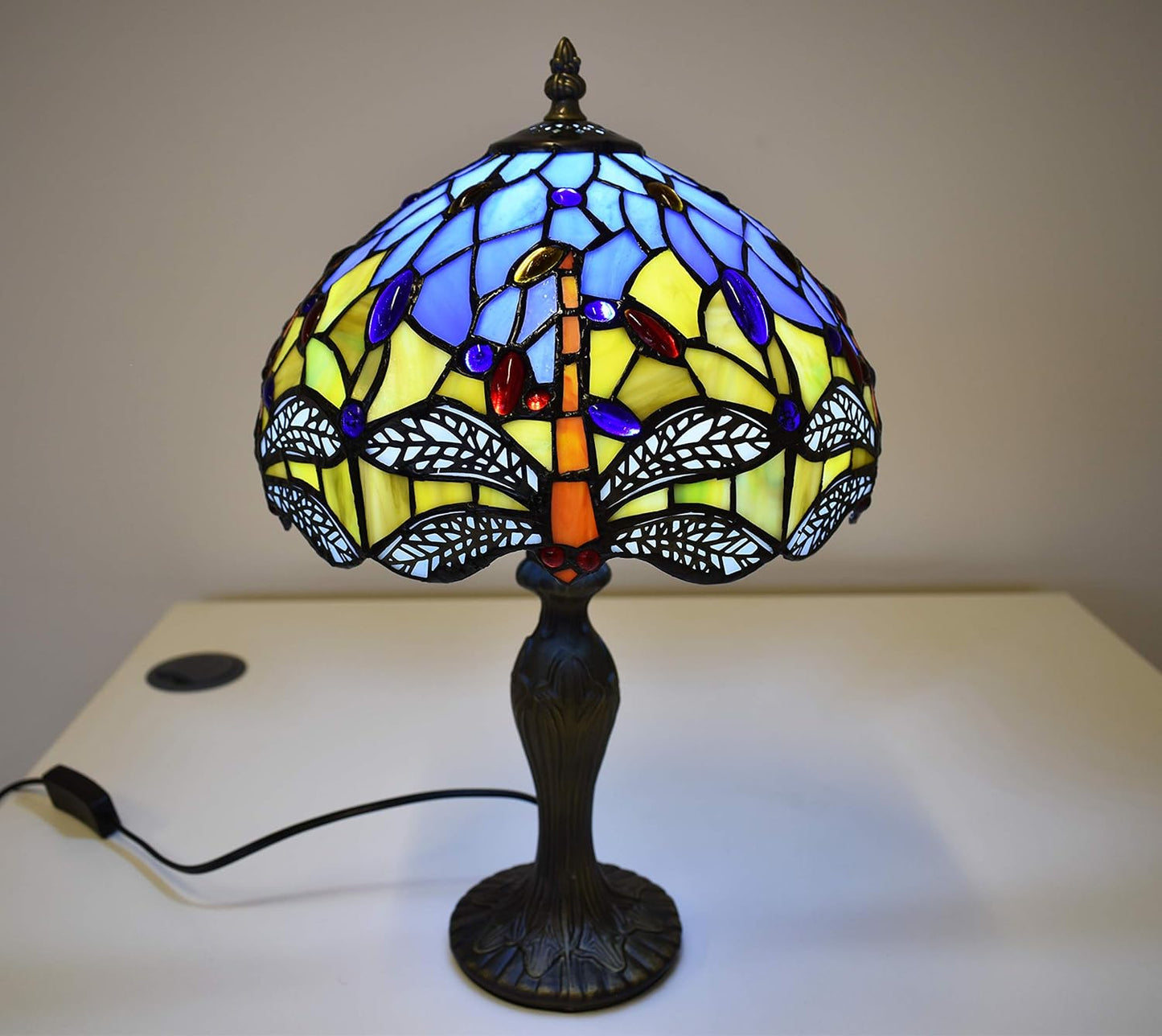 Auroh Tiffany Lights Table Lamps Handcrafted Stained Glass Lampshade Stunning Quality Antique Dragonfly Design Table Lamps for Living Room Bedside Desk Bedroom Coffee Table (TFTL-1003)