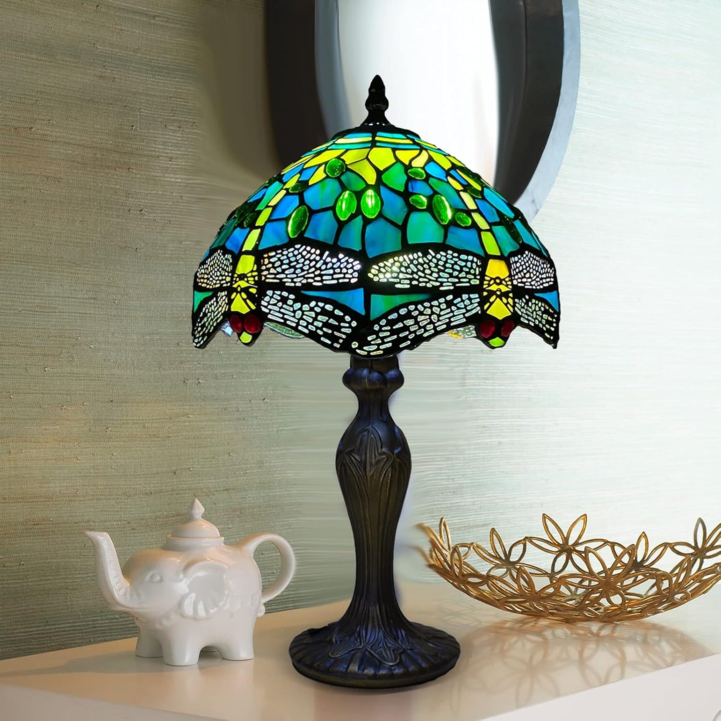 Tiffany Table Lamp Handcrafted Stained Glass Green Dragonfly Lampshade Stunning Quality Antique Design Table Lamps for Living Room Bedside Desk Bedroom Coffee Table (TFTL-1015)