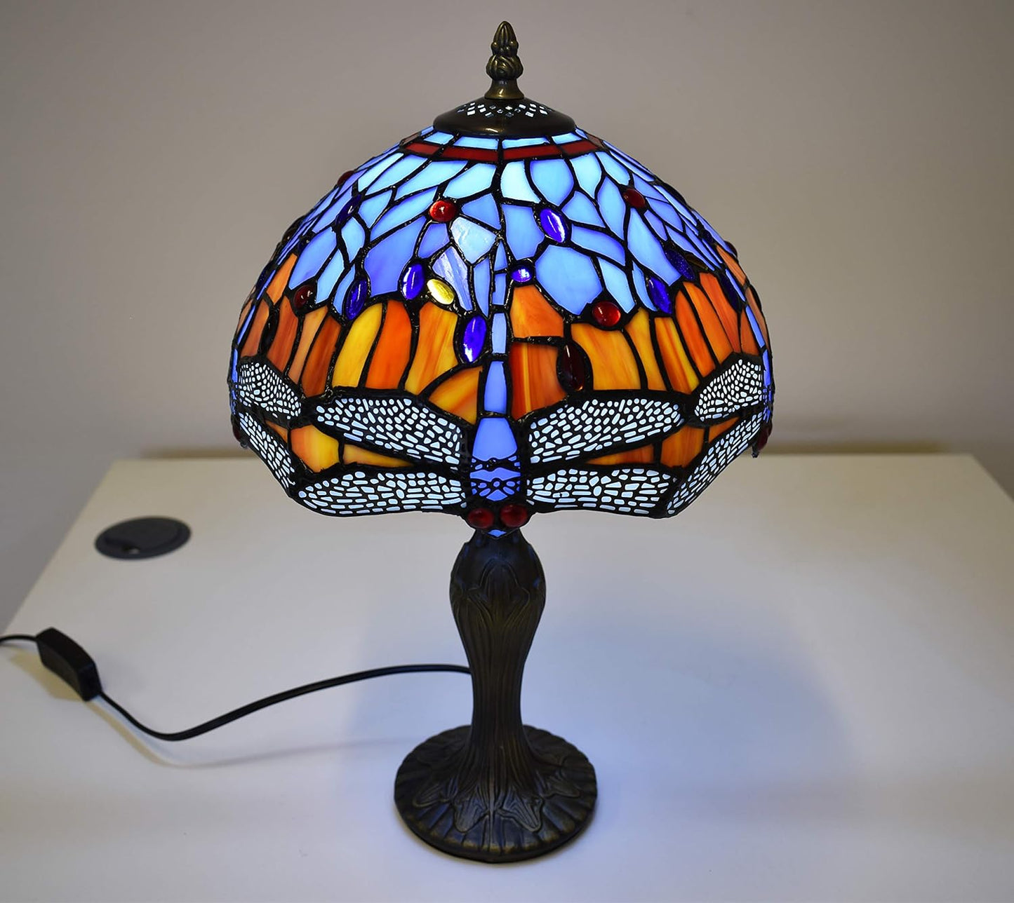 Tiffany Lamps Antique Dragonfly Design Handcrafted Stained Glass Lampshade Stunning Quality Base Table Lamps for Living Room Bedside Desk Bedroom Coffee Table (TFTL-1002)