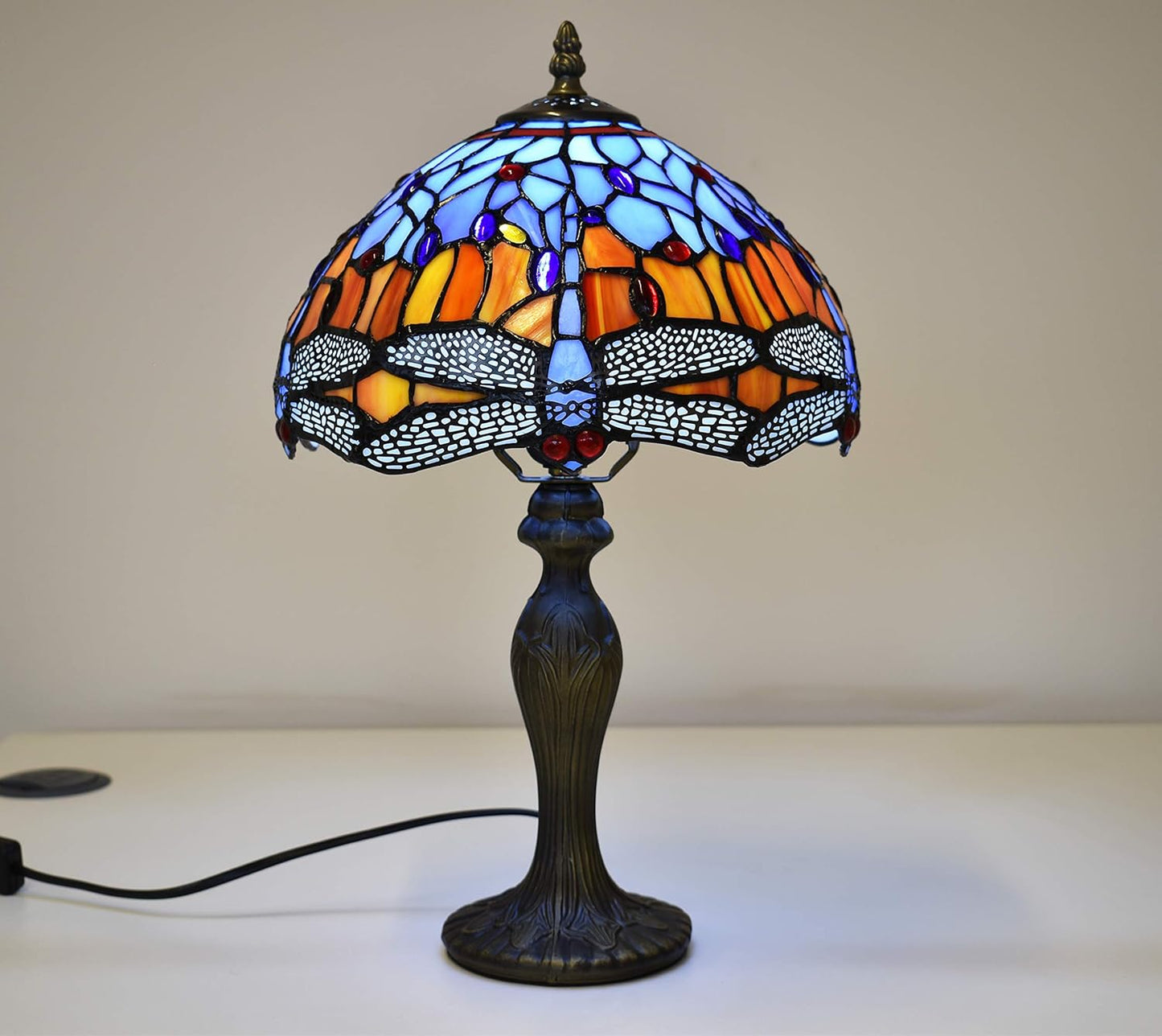 Tiffany Lamps Antique Dragonfly Design Handcrafted Stained Glass Lampshade Stunning Quality Base Table Lamps for Living Room Bedside Desk Bedroom Coffee Table (TFTL-1002)