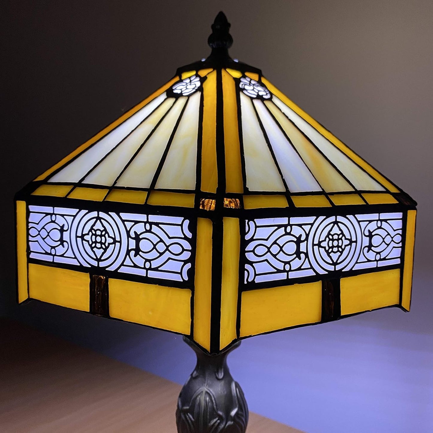 Tiffany Lamps Hexagon Lampshade Handcrafted Stained Glass Stunning Quality Antique Design Table Lamps for Living Room Bedside Desk Bedroom Coffee Table - Yellow (TFTL-1005)