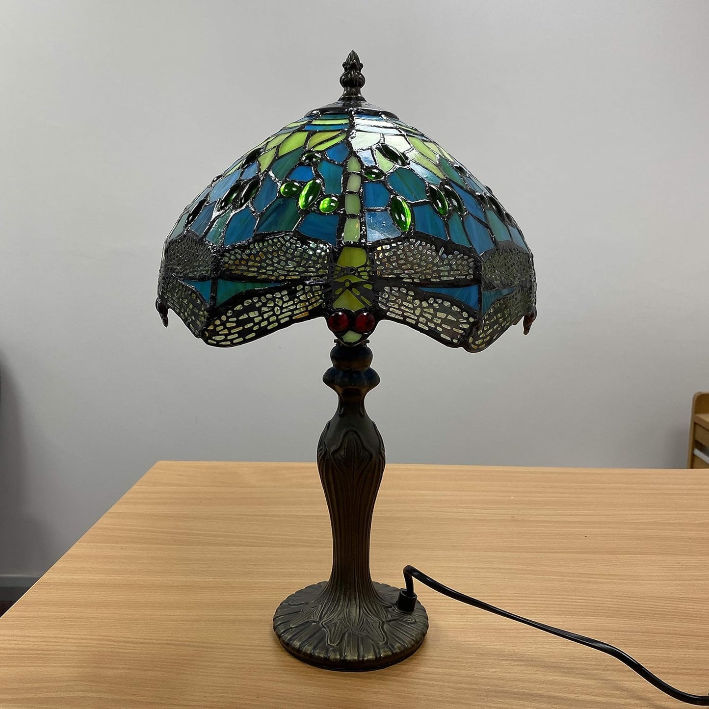 Tiffany Table Lamp Handcrafted Stained Glass Green Dragonfly Lampshade Stunning Quality Antique Design Table Lamps for Living Room Bedside Desk Bedroom Coffee Table (TFTL-1015)