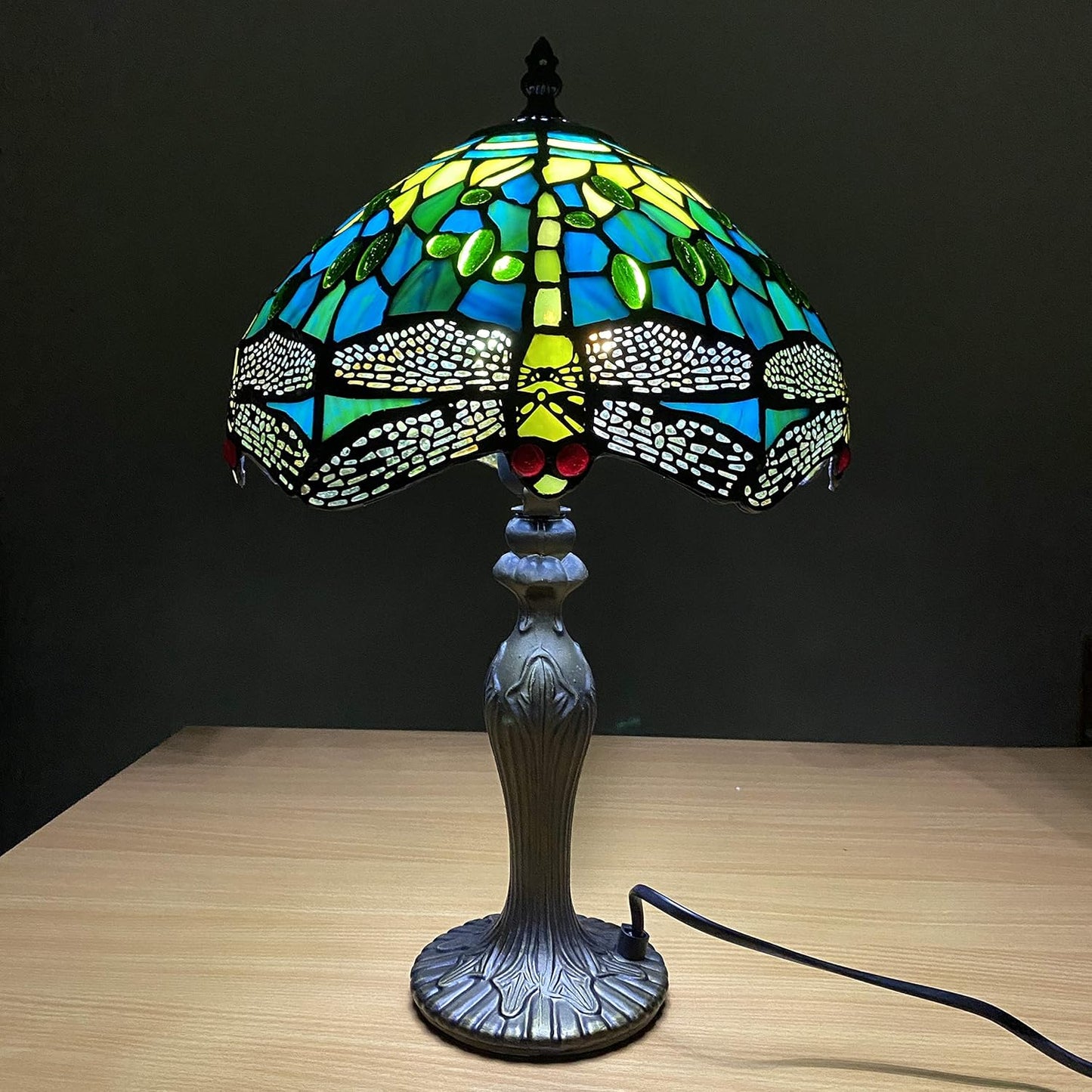 Tiffany Table Lamp Handcrafted Stained Glass Green Dragonfly Lampshade Stunning Quality Antique Design Table Lamps for Living Room Bedside Desk Bedroom Coffee Table (TFTL-1015)