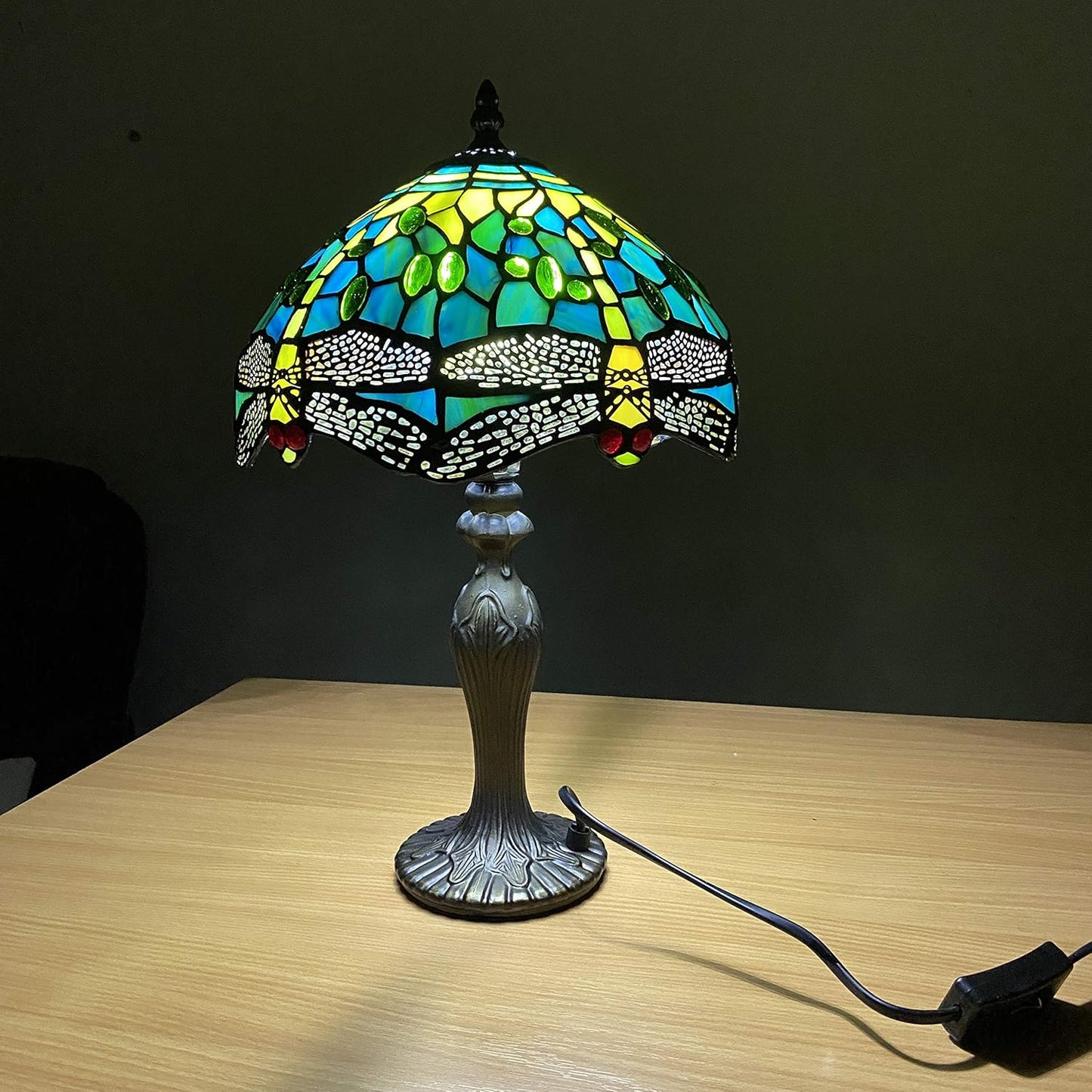 Tiffany Table Lamp Handcrafted Stained Glass Green Dragonfly Lampshade Stunning Quality Antique Design Table Lamps for Living Room Bedside Desk Bedroom Coffee Table (TFTL-1015)