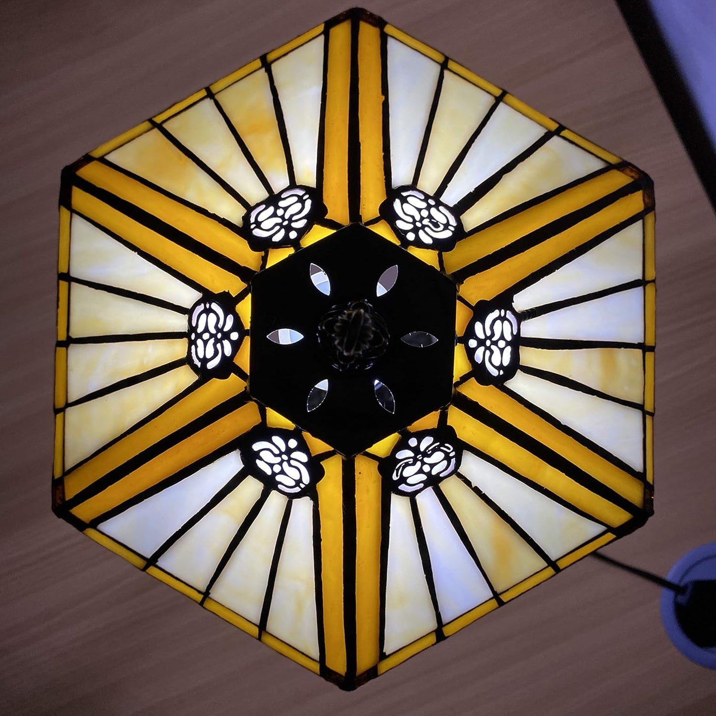 Tiffany Lamps Hexagon Lampshade Handcrafted Stained Glass Stunning Quality Antique Design Table Lamps for Living Room Bedside Desk Bedroom Coffee Table - Yellow (TFTL-1005)