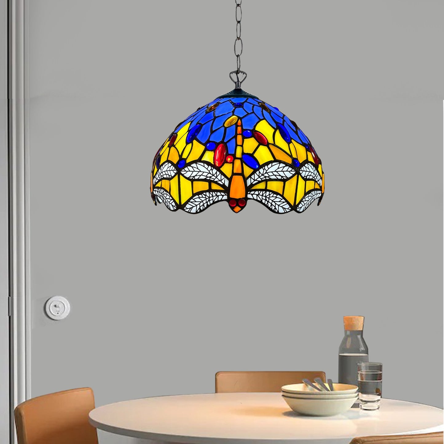 Auroh Tiffany Pendant Light 10 Inch – P-1003 Blue & Yellow Dragonfly with White Wings Handcrafted Stained Glass, Hallway or Bedroom, UK