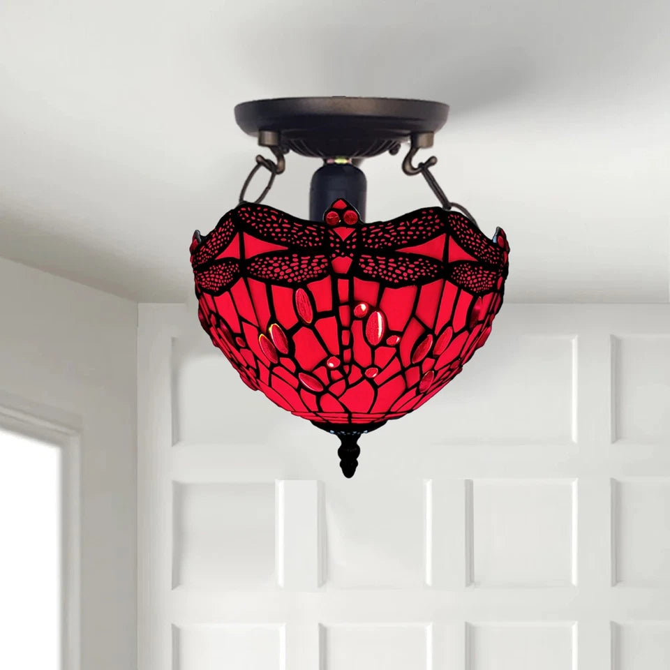 Auroh Tiffany Ceiling Light 10 Inch – C-1006 Red Dragonfly Handcrafted Stained Glass, Bedroom or Hallway, UK