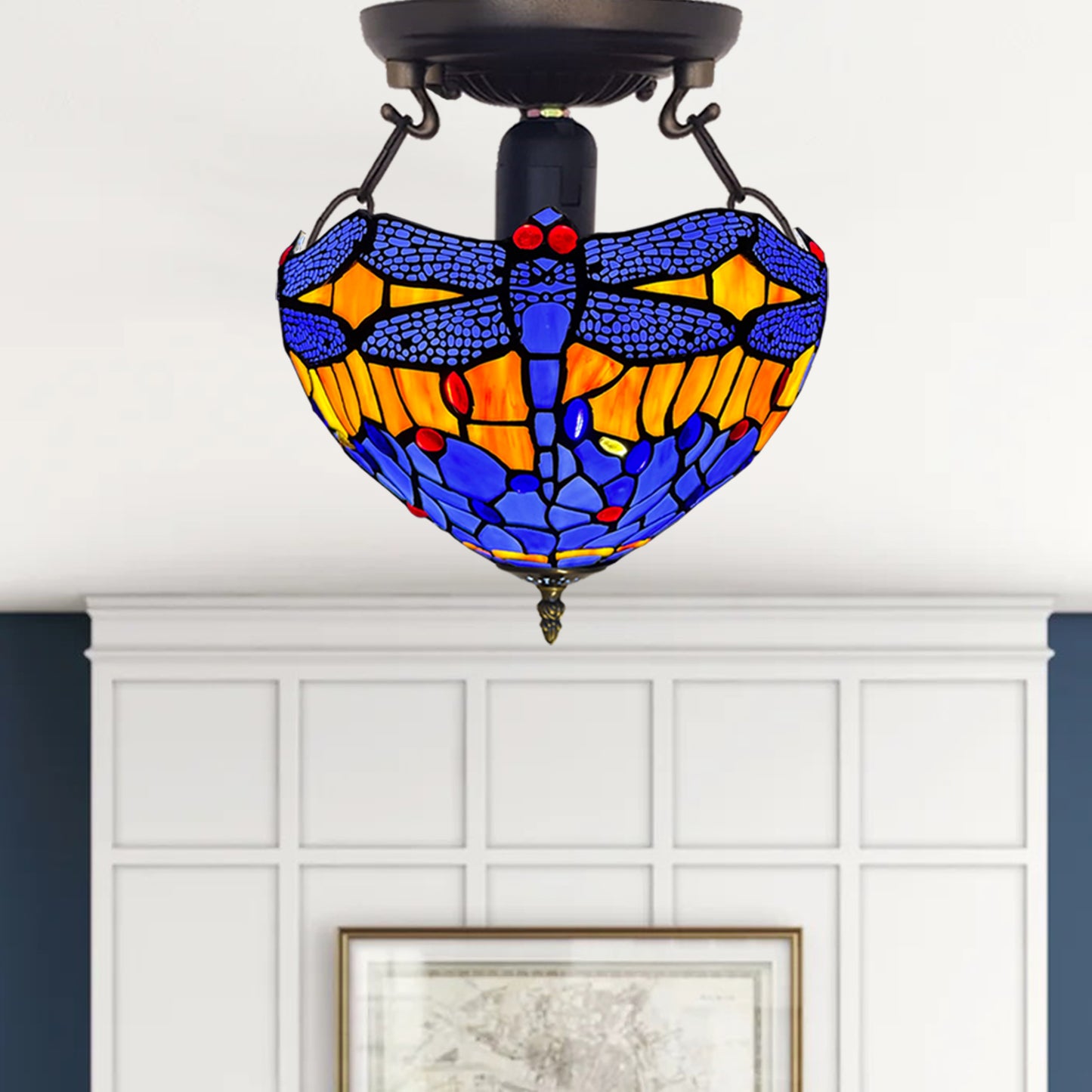 Auroh Tiffany Ceiling Light 10 Inch – C-1002 Blue & Amber Sunset Dragonfly Handcrafted Stained Glass, Bedroom or Hallway, UK