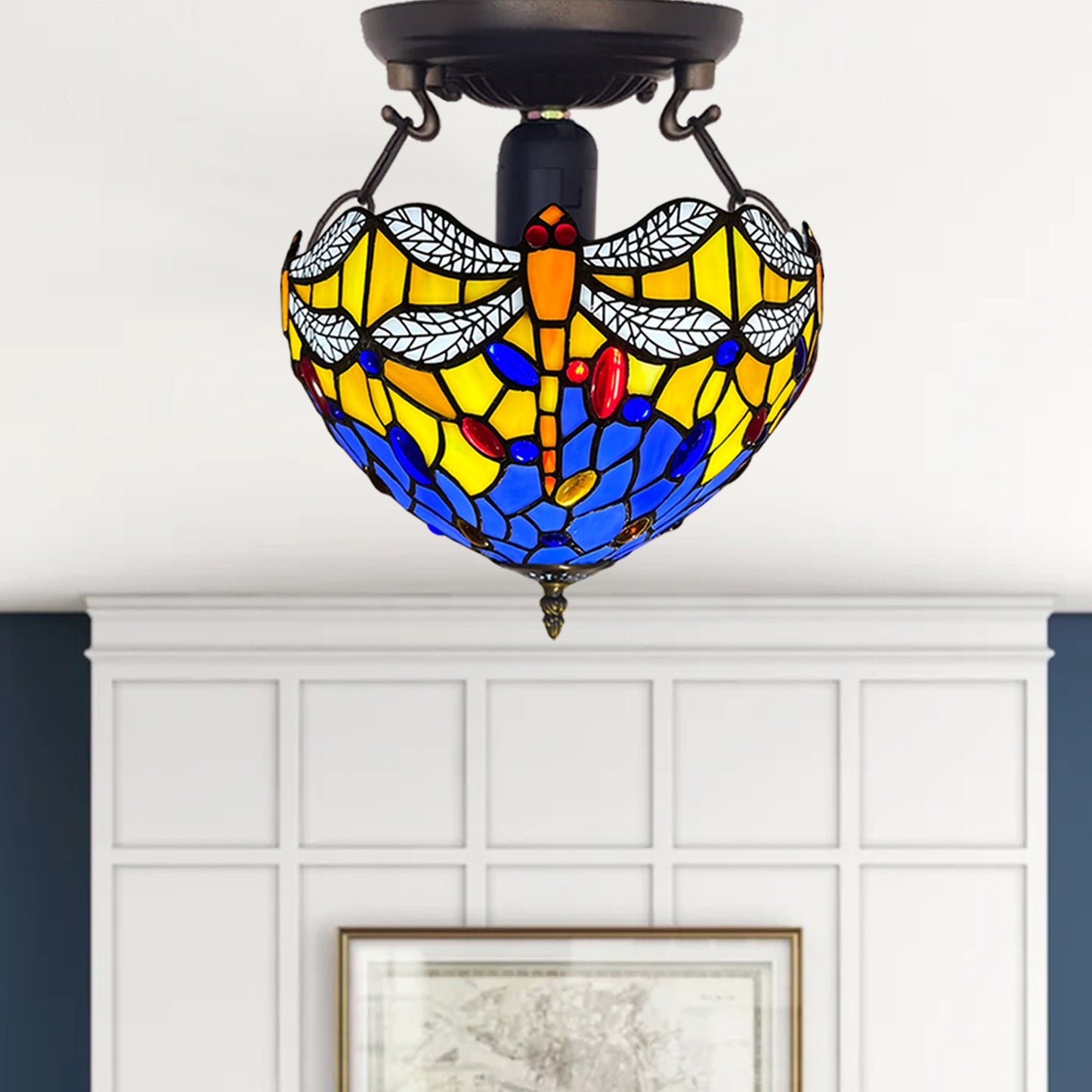 Auroh Tiffany Ceiling Light 10 Inch – C-1003 Blue & Yellow Dragonfly with White Wings Handcrafted Stained Glass, Bedroom or Hallway, UK