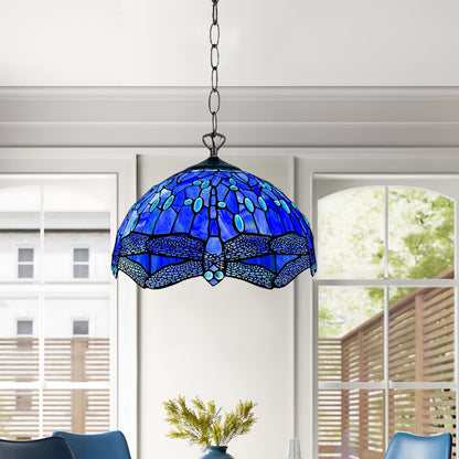Auroh Tiffany Pendant Light 10 Inch – P-1007 Deep Sapphire Blue Dragonfly Handcrafted Stained Glass, Hallway or Bedroom, UK