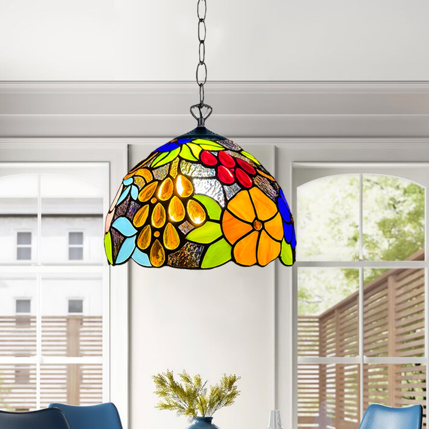 Auroh Tiffany Pendant Light 10 Inch – P-1009 Vibrant Multicolour Garden Floral Handcrafted Stained Glass, Hallway or Bedroom, UK