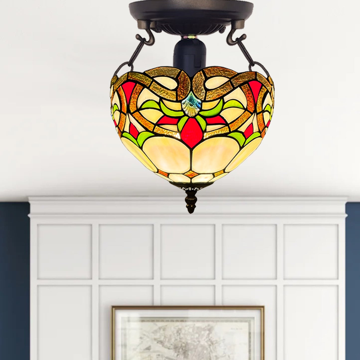 Auroh Tiffany Ceiling Light 10 Inch – C-1050 Cream & Amber Floral Scroll Handcrafted Stained Glass, Bedroom or Hallway, UK