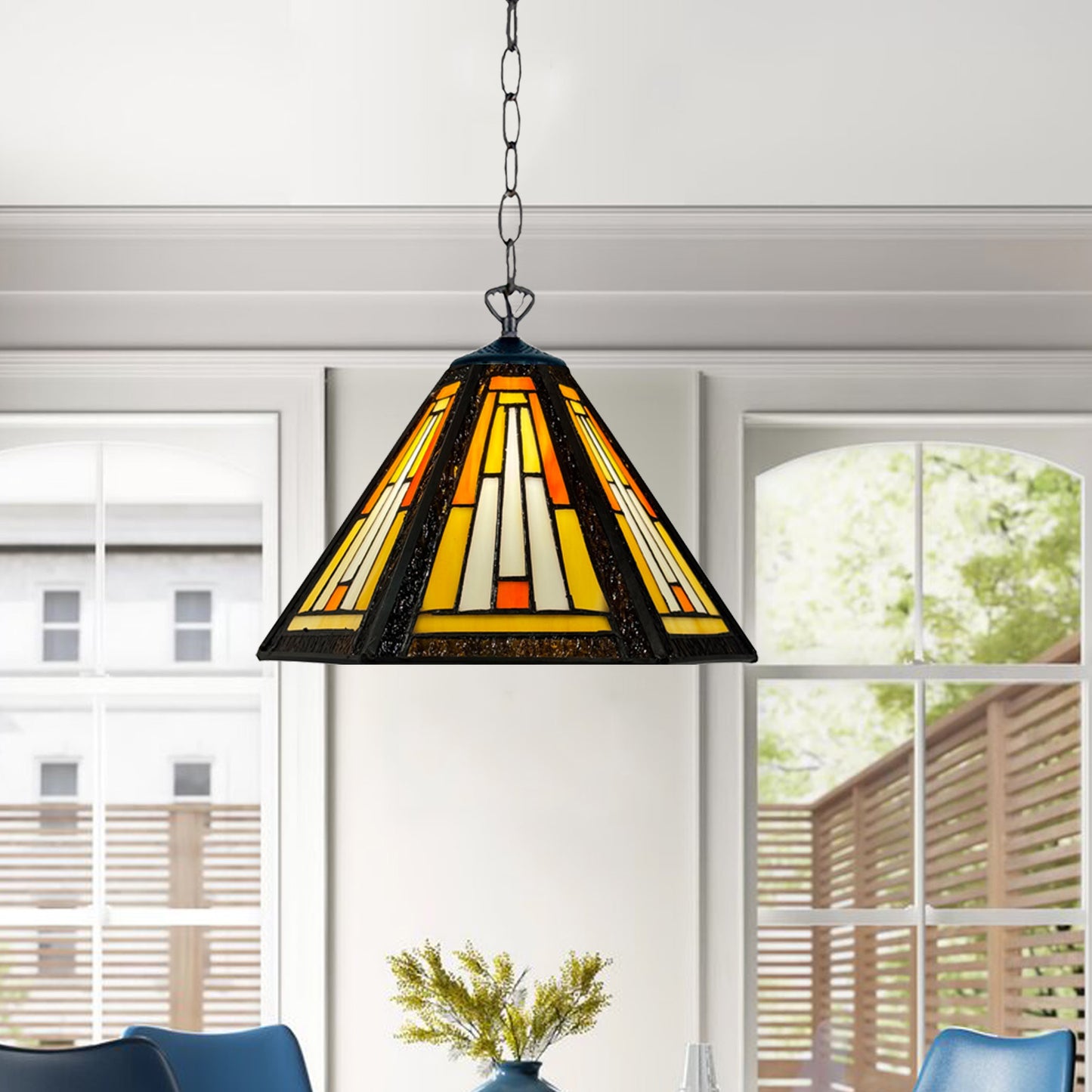 Auroh Tiffany Pendant Light 10 Inch – P-1051 Cream & Amber Sunset Mission-Style Geometric Handcrafted Stained Glass, Hallway or Bedroom, UK