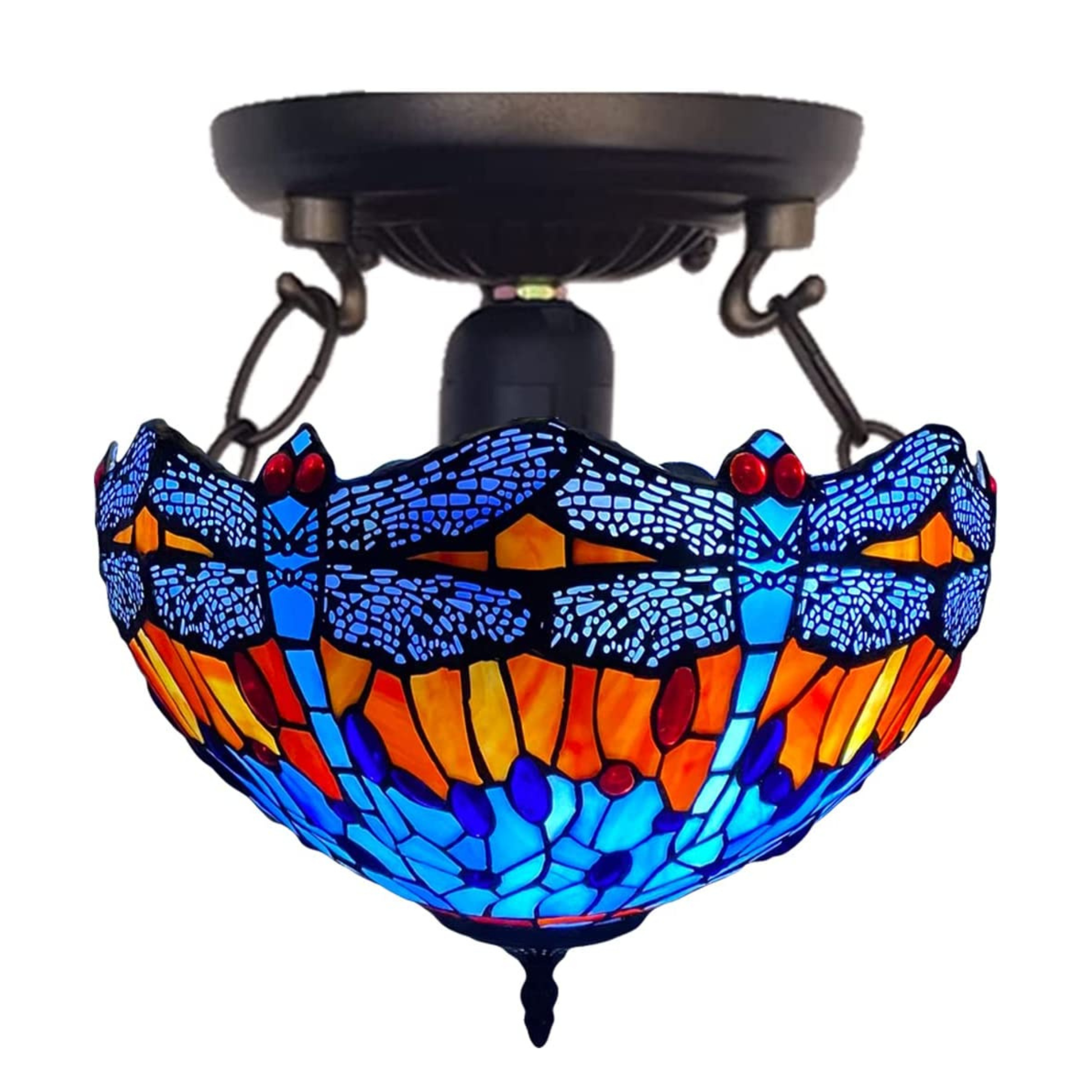 Auroh Tiffany ceiling light 16 inch C-1602 blue and amber sunset dragonfly stained glass flush mount