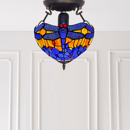 Auroh Tiffany Ceiling Light 10 Inch – C-1002 Blue & Amber Sunset Dragonfly Handcrafted Stained Glass, Bedroom or Hallway, UK