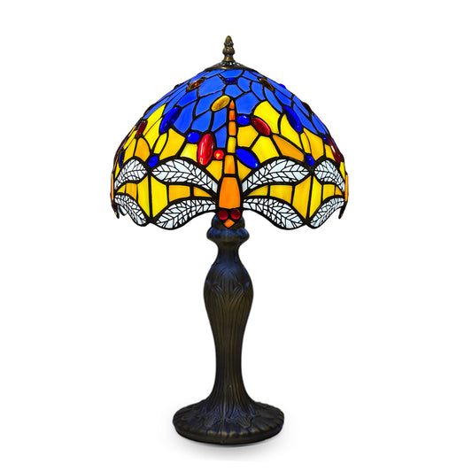 Auroh Tiffany Table Lamp 10 Inch – TFTL-1003 Blue & Yellow Dragonfly with White Wings Handcrafted Stained Glass, Bedside or Desk, UK