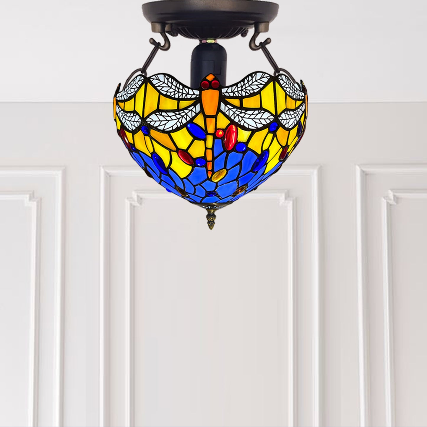 Auroh Tiffany Ceiling Light 10 Inch – C-1003 Blue & Yellow Dragonfly with White Wings Handcrafted Stained Glass, Bedroom or Hallway, UK