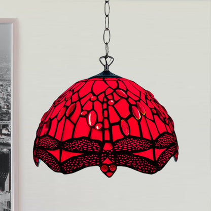 Auroh Tiffany Pendant Light 10 Inch – P-1006 Deep Scarlet Red Jewelled Dragonfly Handcrafted Stained Glass, Hallway or Bedroom, UK