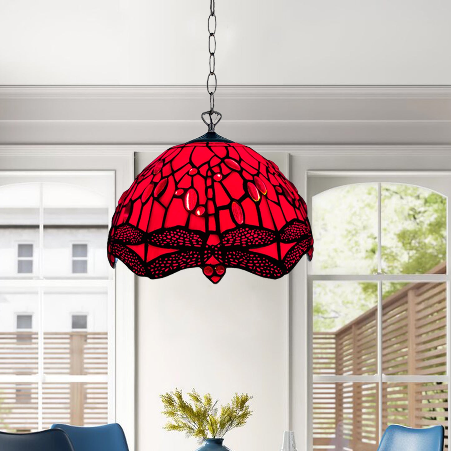 Auroh Tiffany Pendant Light 10 Inch – P-1006 Deep Scarlet Red Jewelled Dragonfly Handcrafted Stained Glass, Hallway or Bedroom, UK