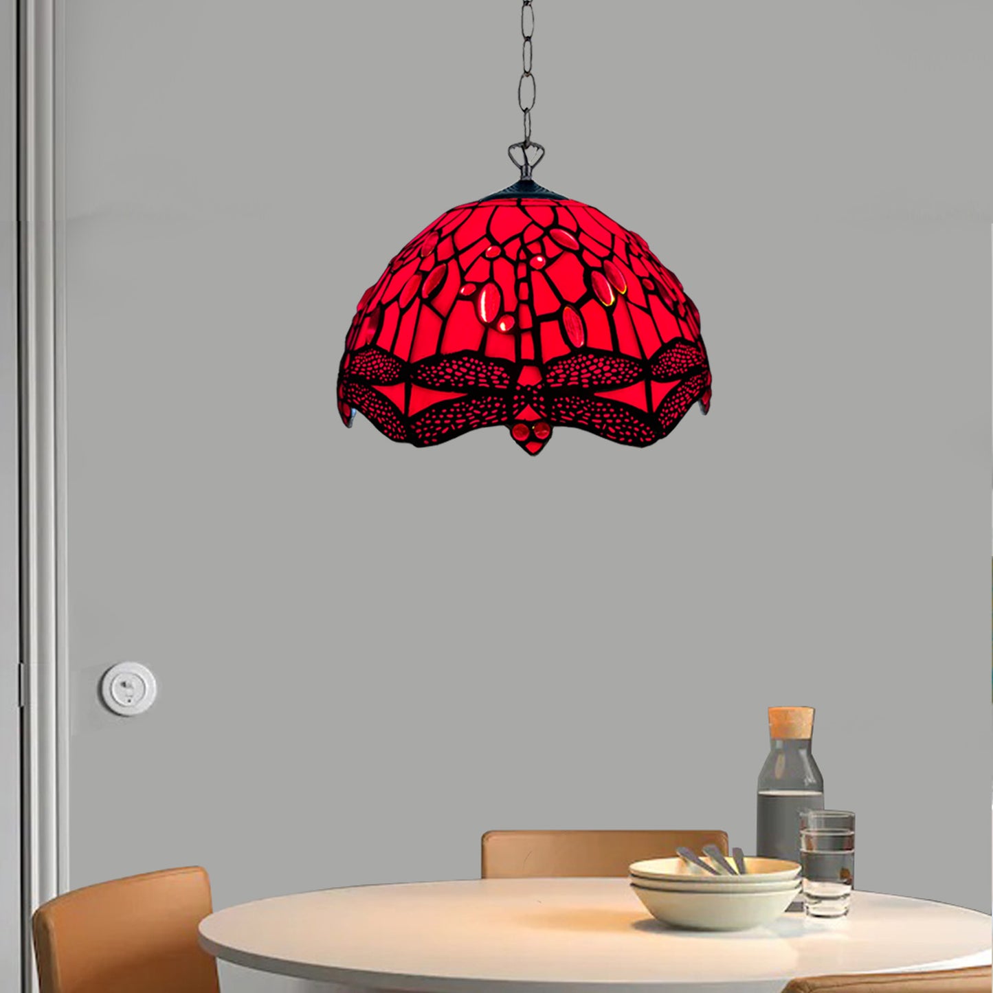 Auroh Tiffany Pendant Light 10 Inch – P-1006 Deep Scarlet Red Jewelled Dragonfly Handcrafted Stained Glass, Hallway or Bedroom, UK