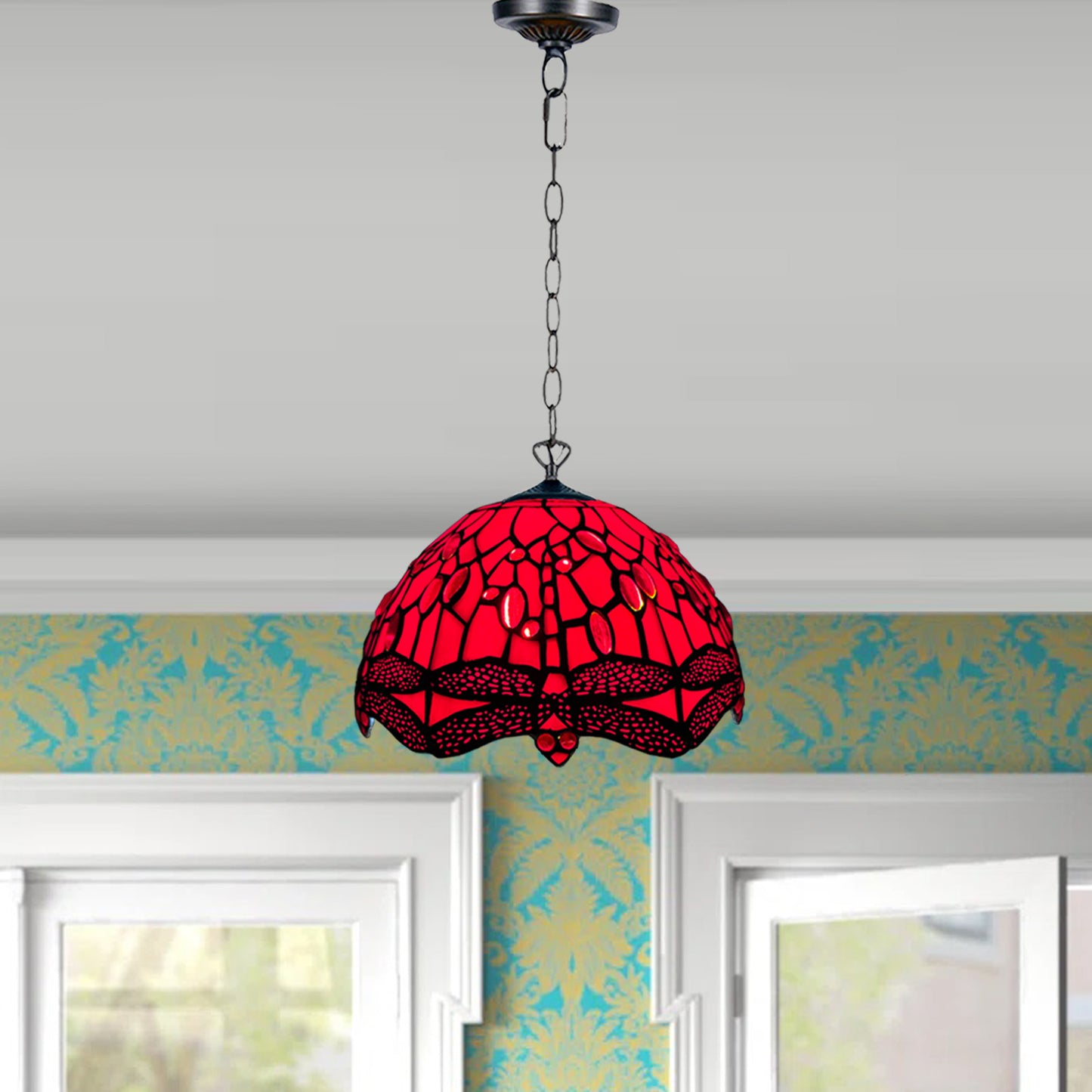 Auroh Tiffany Pendant Light 10 Inch – P-1006 Deep Scarlet Red Jewelled Dragonfly Handcrafted Stained Glass, Hallway or Bedroom, UK