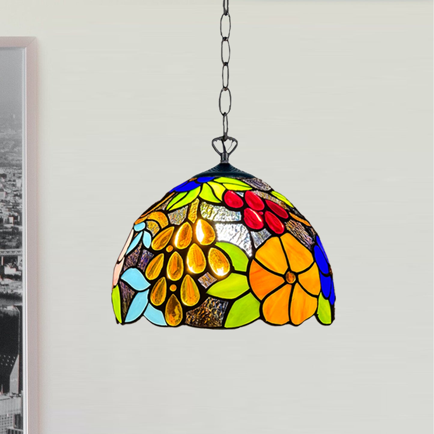 Auroh Tiffany Pendant Light 10 Inch – P-1009 Vibrant Multicolour Garden Floral Handcrafted Stained Glass, Hallway or Bedroom, UK