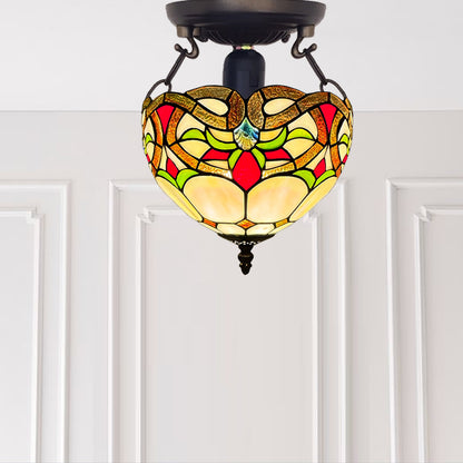 Auroh Tiffany Ceiling Light 10 Inch – C-1050 Cream & Amber Floral Scroll Handcrafted Stained Glass, Bedroom or Hallway, UK
