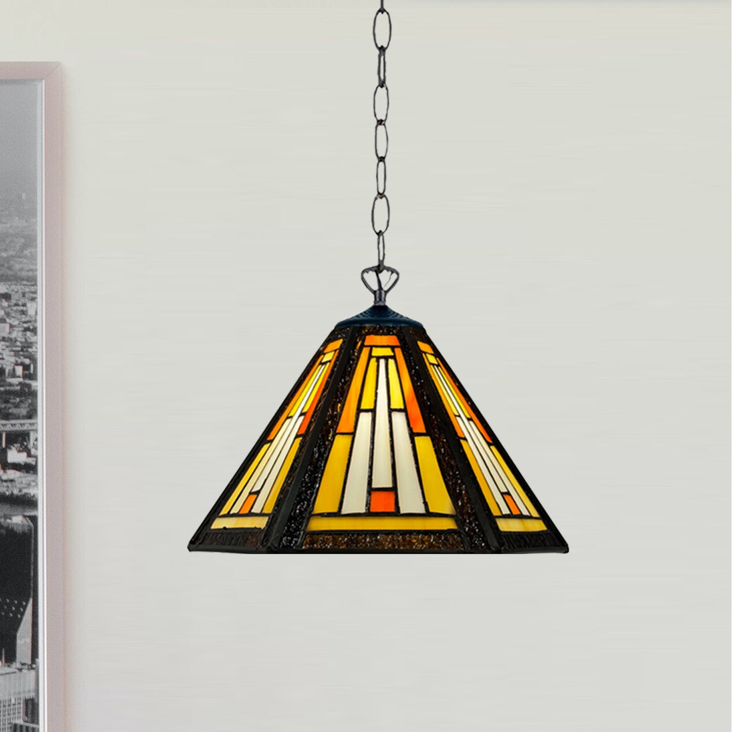 Auroh Tiffany Pendant Light 10 Inch – P-1051 Cream & Amber Sunset Mission-Style Geometric Handcrafted Stained Glass, Hallway or Bedroom, UK