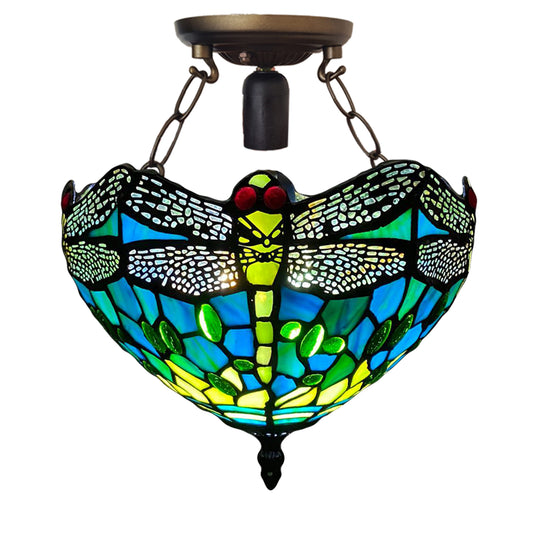 Auroh Tiffany Ceiling Light 10 Inch – C-1015 Teal & Green Dragonfly Handcrafted Stained Glass, Bedroom or Hallway, UK