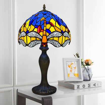 Auroh Tiffany Table Lamp 10 Inch – TFTL-1003 Blue & Yellow Dragonfly with White Wings Handcrafted Stained Glass, Bedside or Desk, UK