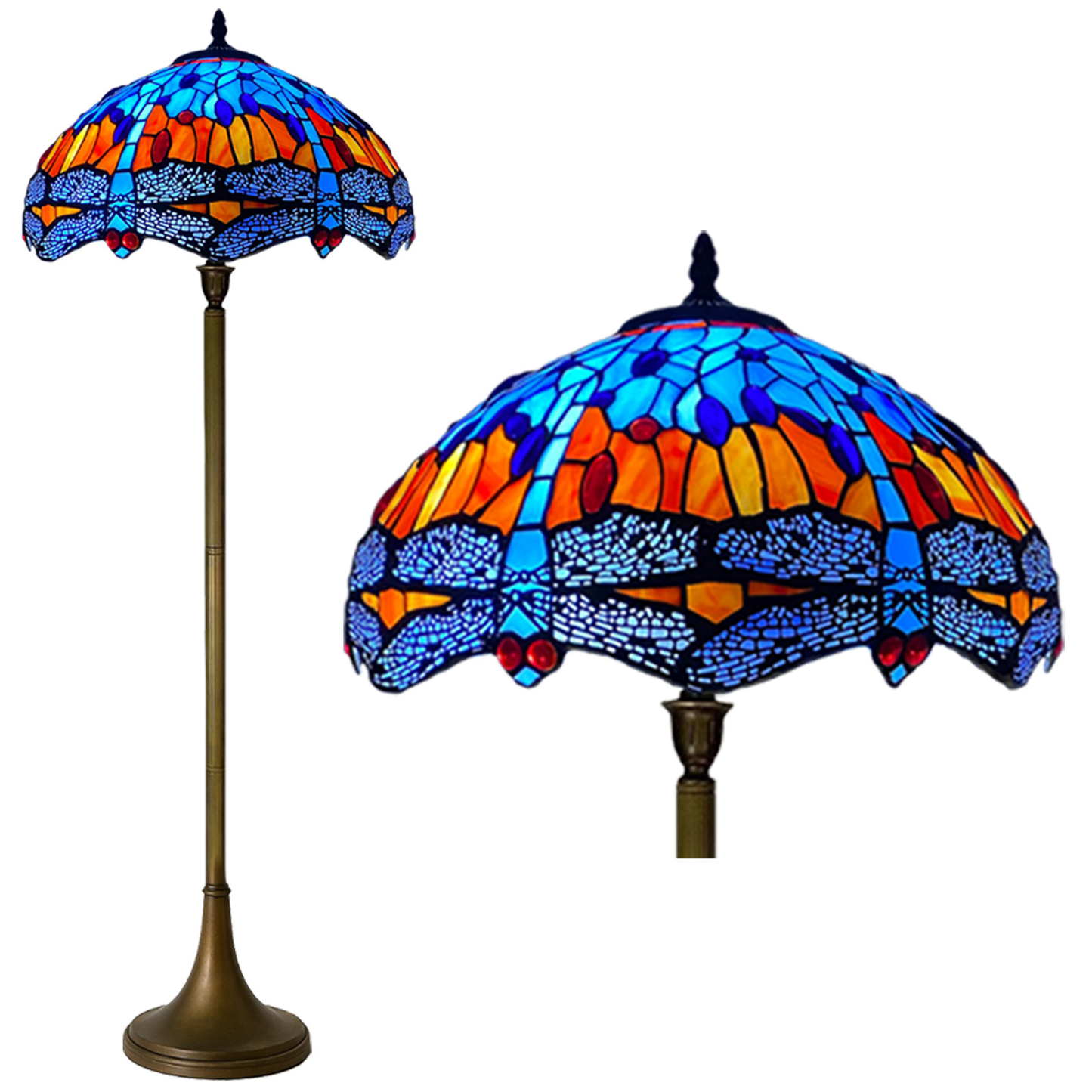 Auroh Tiffany floor lamp 16 inch TFL-1602 blue and amber sunset dragonfly stained glass shade 168cm tall