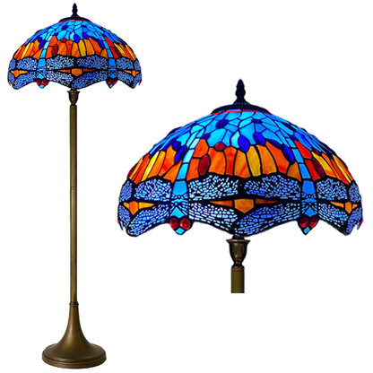 Auroh Tiffany floor lamp 16 inch TFL-1602 blue and amber sunset dragonfly stained glass shade 168cm tall