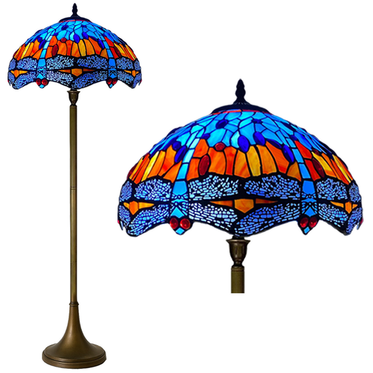 Auroh Tiffany floor lamp 16 inch TFL-1602 blue and amber sunset dragonfly stained glass shade 168cm tall