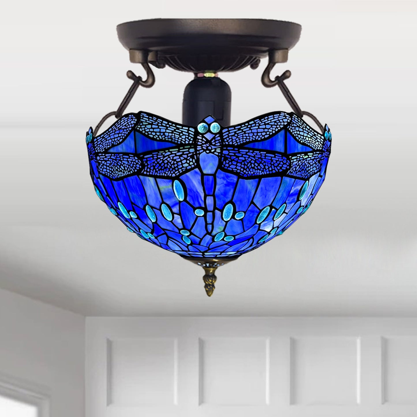Auroh Tiffany Ceiling Light 16 Inch – C-1607 Deep Sapphire Blue Dragonfly Handcrafted Stained Glass, UK