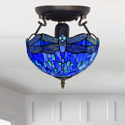 Auroh Tiffany Ceiling Light 16 Inch – C-1607 Deep Sapphire Blue Dragonfly Handcrafted Stained Glass, UK