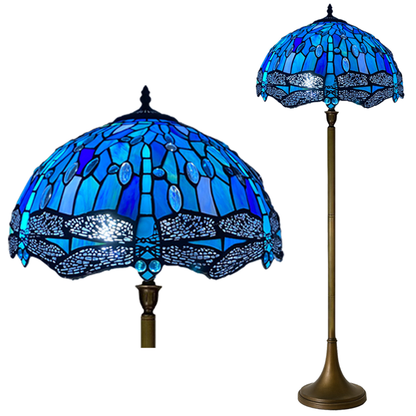 Auroh Tiffany floor lamp 16 inch TFL-1607 deep sapphire blue dragonfly stained glass shade 168cm tall