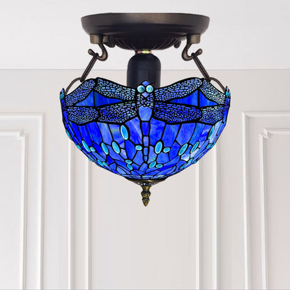 Auroh Tiffany Ceiling Light 16 Inch – C-1607 Deep Sapphire Blue Dragonfly Handcrafted Stained Glass, UK